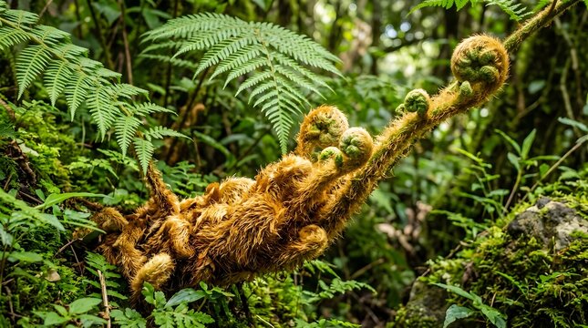 Close up of a fuzzy fern fiddlehead unfurling in a lush tropical rainforest.