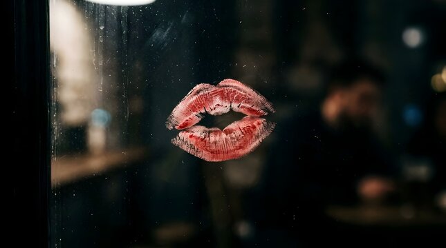 Red lipstick kiss mark on a dark glass window at night.