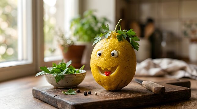 Funny carved lemon fruit with a happy face on a wooden cutting board.