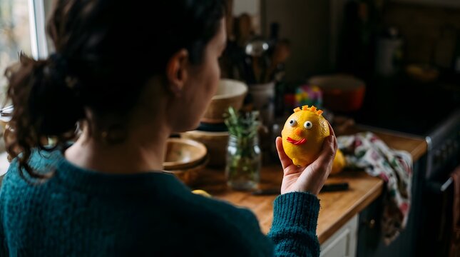 Woman holding a small yellow fruit with a funny face drawn on it in a kitchen.