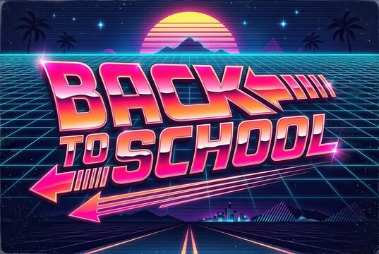 Back to School Retro Synthwave 80s Style Neon Background with Grid Sunset and Palm Trees for Education Promotion