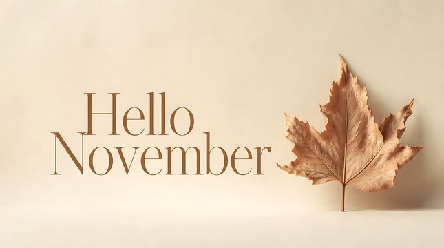 Hello November text with autumn leaf on neutral background.