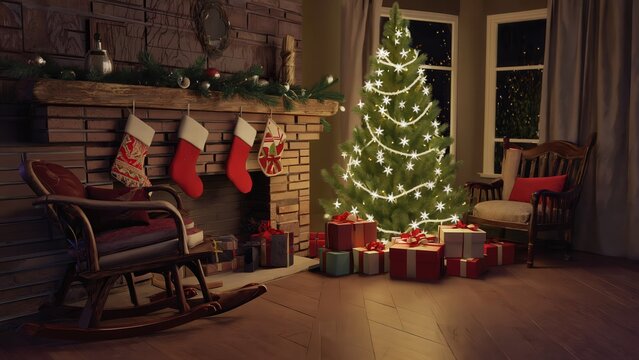 Cozy living room with decorated Christmas tree