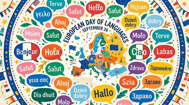 Circular graphic featuring European map and language greetings.