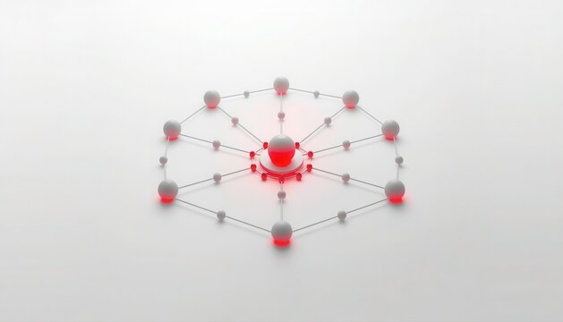 Central red hub node connected to surrounding circular network structure with connection structure communication technology geometric abstract information background computing interaction