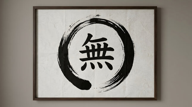 Japanese calligraphy mu character with enso circle in black ink on textured paper in frame.