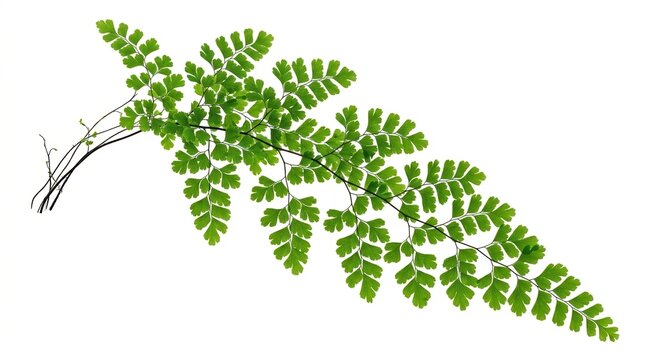 Green fern leaf isolated on white background. Fresh tropical fern frond for botanical design. Vibrant forest plant foliage.