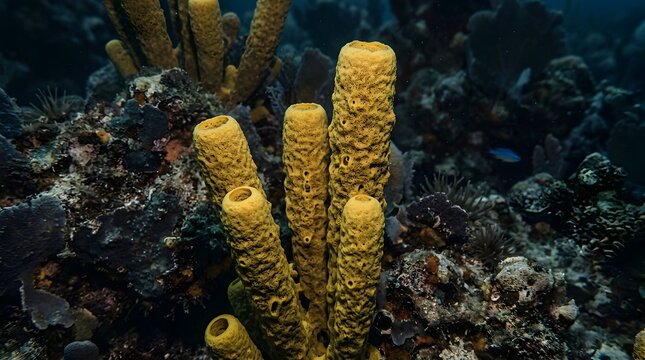 Vibrant yellow tube sponges growing on a tropical coral reef underwater.