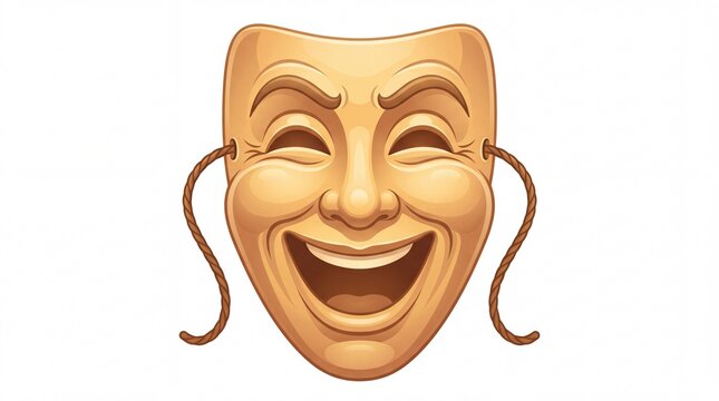 Golden comedy theater mask displaying a cheerful expression with hanging brown ropes on white background