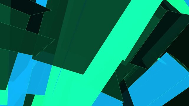 Abstract Geometric Background with Floating Neon Cyan and Green Rectangular Prism Blocks in Dark Space