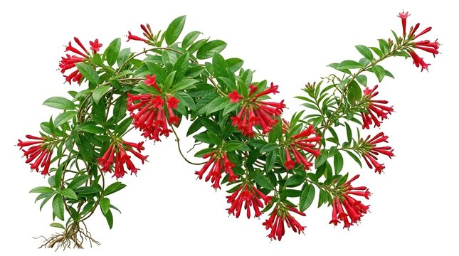 Vibrant red cestrum flowers on green leafy branch, blooming jessamine shrub isolated on white, tropical floral cluster for garden design