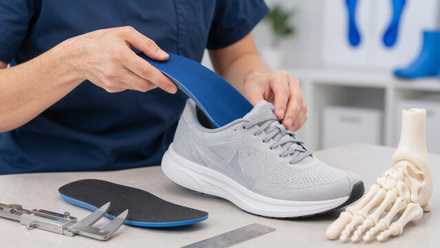 A person fits a blue orthotic insole into a gray running shoe at a sports clinic. Tools and a foot model are on the table, showing the focus on shoe comfort and support