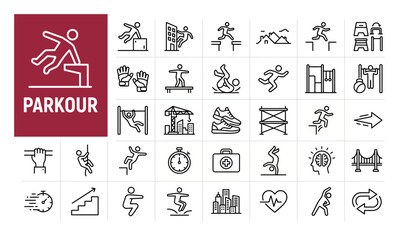 Fototapeta premium Parkour line icon set, urban freerunning and extreme street sports symbols, 30 minimalist vector icons for fitness and athletics