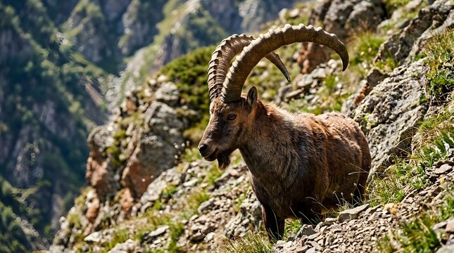 Majestic Alpine Ibex Standing on Rocky Mountain Slope.