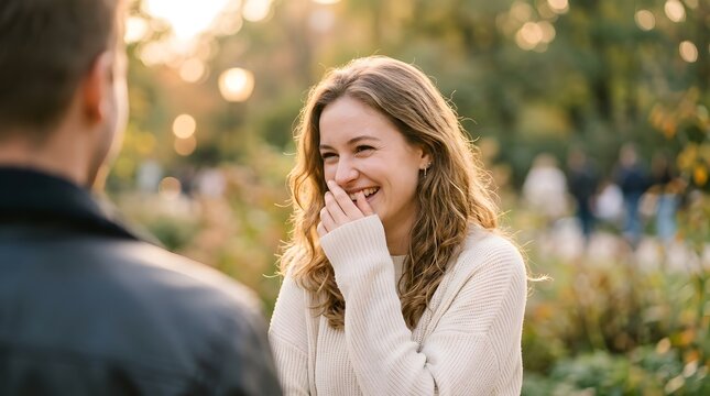 Happy young woman laughing during a romantic date in the park at sunset.