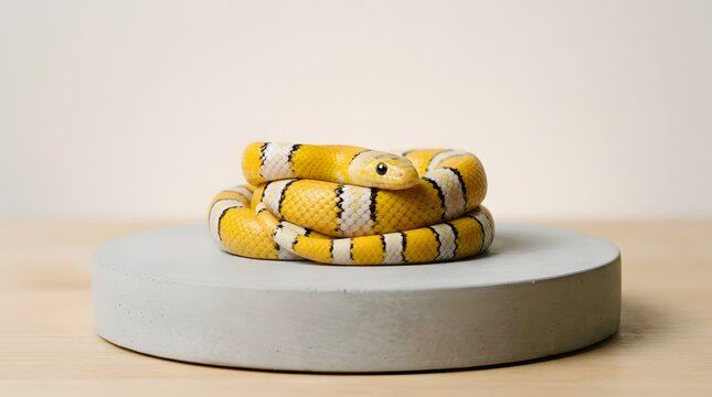 Yellow and white striped kingsnake coiled on a grey pedestal.