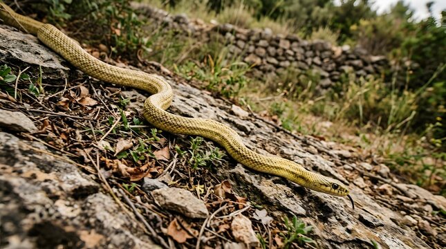 Wild snake slithering over rocky terrain in natural habitat.