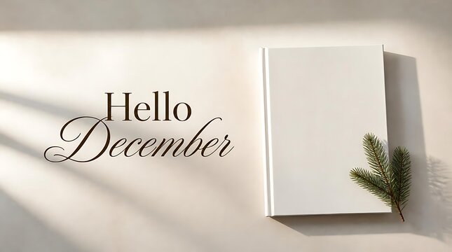 Hello December text with blank book and pine branch on white background.