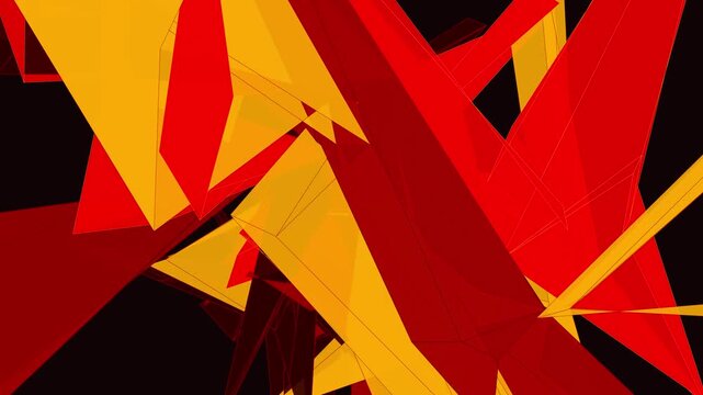Abstract geometric background with overlapping red and orange translucent triangle shapes on dark black void