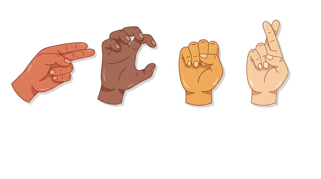 Clean modern landscape banner with four stylized hands in sign language across the top on pure white background