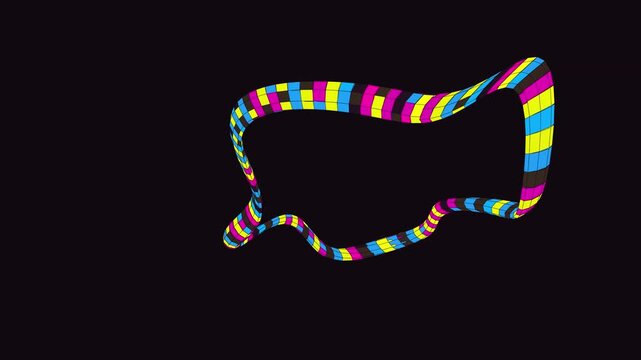 Abstract Geometric Strip with Vibrant Cmyk Pattern Moving Through Dark Three Dimensional Space Environment Background