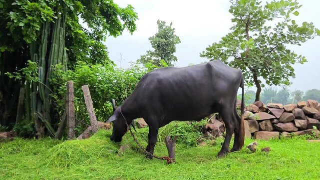 Indian water buffalo grazing on green grass in a rural village landscape