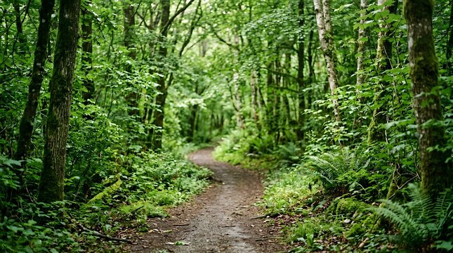 Lush green forest trail winding through dense woodland trees.