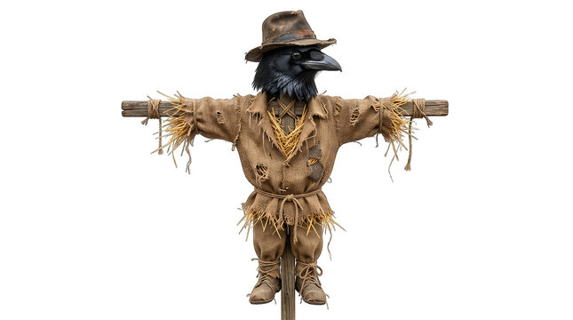 Creepy halloween scarecrow with a crow head wearing a hat isolated on transparent background