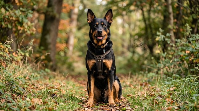 Portrait of a German Shepherd dog sitting on a forest trail during autumn.