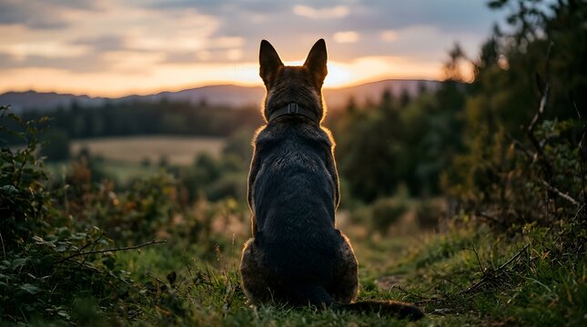German Shepherd dog sitting and watching the sunset over a scenic landscape.
