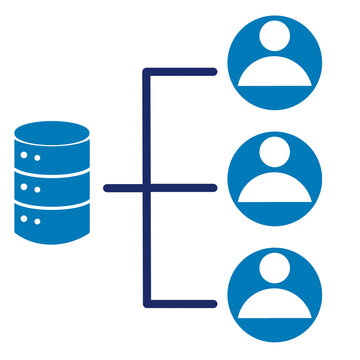 Customer database concept featuring a data center symbol and multiple customer profiles. Visual representation of organized information management and customer records.