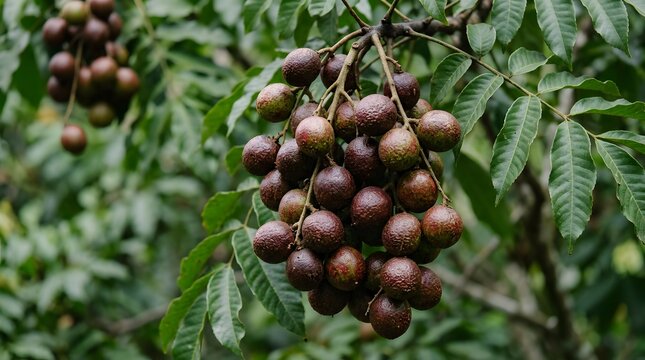 Fresh ripe longan fruit clusters hanging on a tree branch in an orchard.