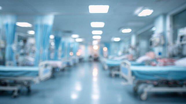 Blurred hospital ward interior with patient beds and medical equipment, hospital