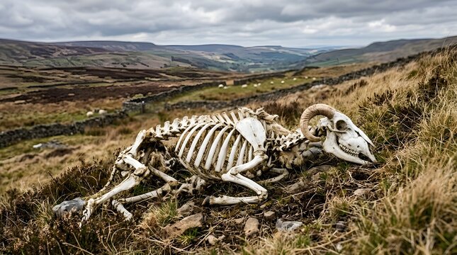 Bleached sheep skeleton lying on a grassy hillside in the Yorkshire Dales.