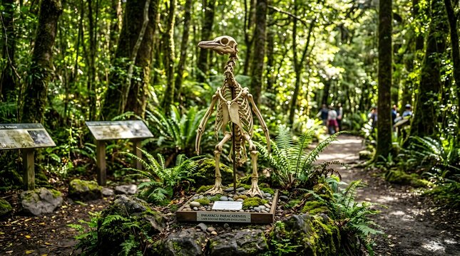 Moa bird skeleton display on a forest trail in New Zealand.