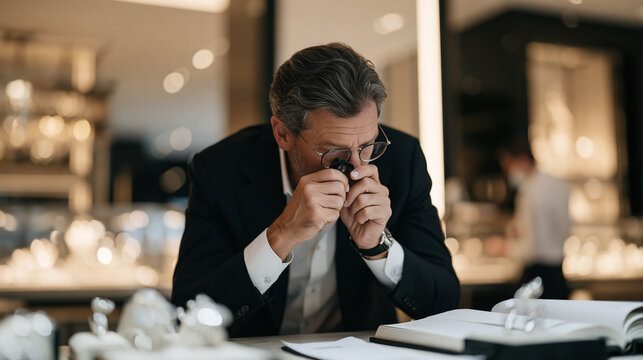 A jewelry appraiser in a luxury showroom bends over a loupe examining a piece mid-process, the quiet weight of trauma therapy and emotional reopening visible in his expression,