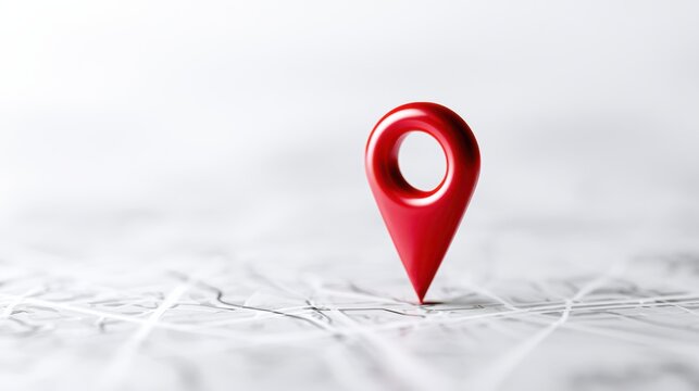 A 3D render of a red location pin on a map, indicating a specific destination or point of interest