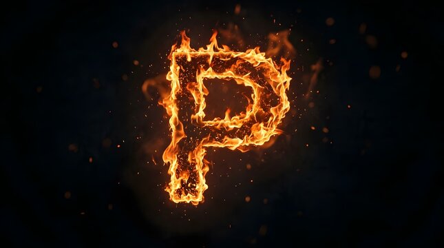 Burning letter P made of bright orange flames on black background.