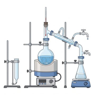 Detailed laboratory chemistry distillation apparatus setup vector illustration with glassware and stands