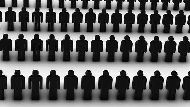 Black 3D Male Figures Closely Aligned on White Floor with Shadow. Ideal for themes of big data, demographic studies, digital networking, human resources, market research.