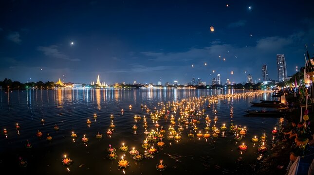 Loy krathong festival with floating lanterns on water