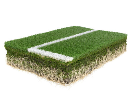 Cross-section of vibrant green artificial turf with white line marking, showcasing dense root system and soil layers, perfect for sports fields, landscaping, and design projects.