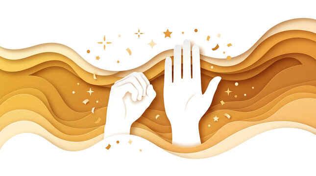 Wide horizontal flat-vector paper-cut banner for International Day of Sign Languages featuring two hands signing "HELLO" on pure white background