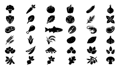 Fototapeta premium Vegetables Meat Grains and Leafy Greens Black Silhouette Icons