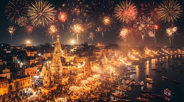 Vibrant fireworks over varanasi ghats at night