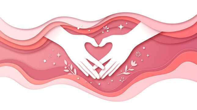 Wide horizontal flat-vector paper-cut banner for International Day of Sign Languages featuring two hands forming a heart shape sign on pure white background