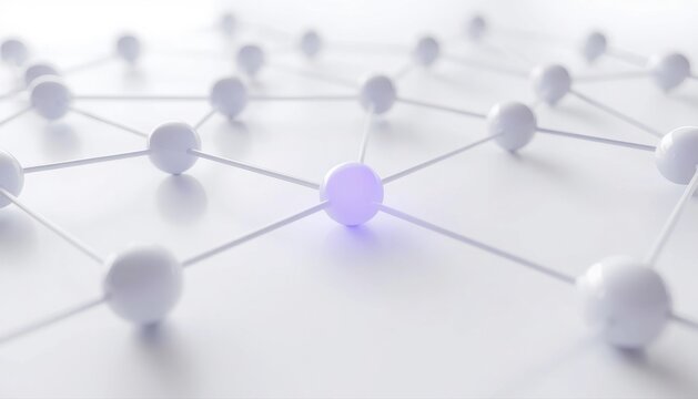 Abstract technology network structure with a glowing purple sphere at the center representing unique connectivity connection technology communication structure business interaction community