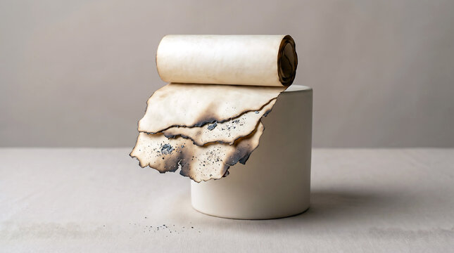 Old burnt vintage paper scroll resting on a simple cylindrical stone pedestal