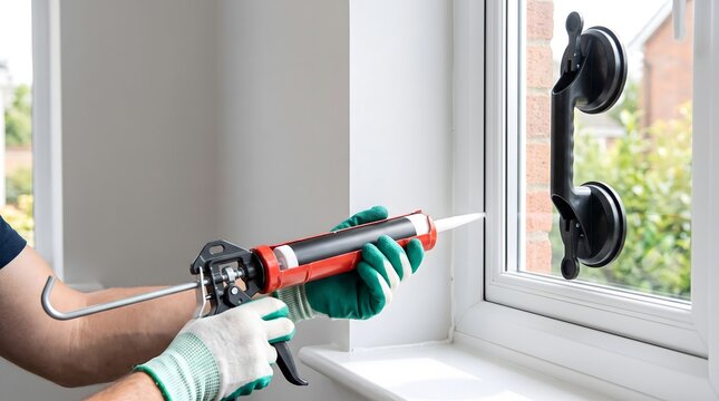 Worker hands in protective gloves applying sealant to a white window frame with a caulking gun and black suction cup tool