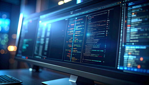 Digital Symphony: Multiple computer screens display lines of code in a dimly lit room, creating an atmosphere of technological depth and intricate digital architecture.